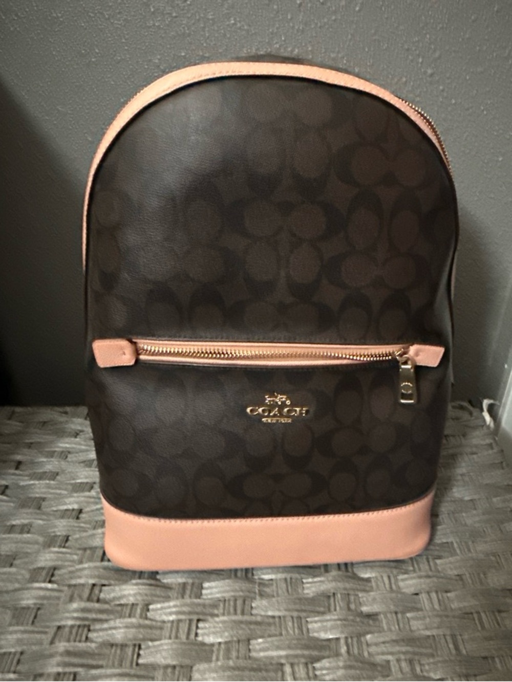 Coach Brown Signature Backpack with Pink Trim